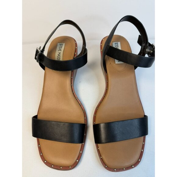 Steve Madden Ares Black Leather Studded Ankle Strap Wedge Sandals Women Size 9M - Picture 4 of 12